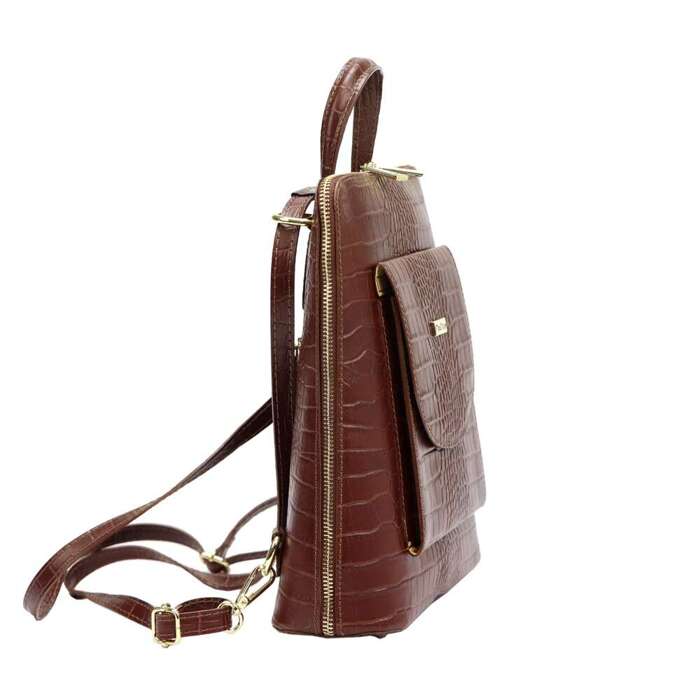 Dámsky kožený batoh MiaMore 01-010 COCO v hnedej farbe s nastaviteľnými ramennými popruhmi a vreckami